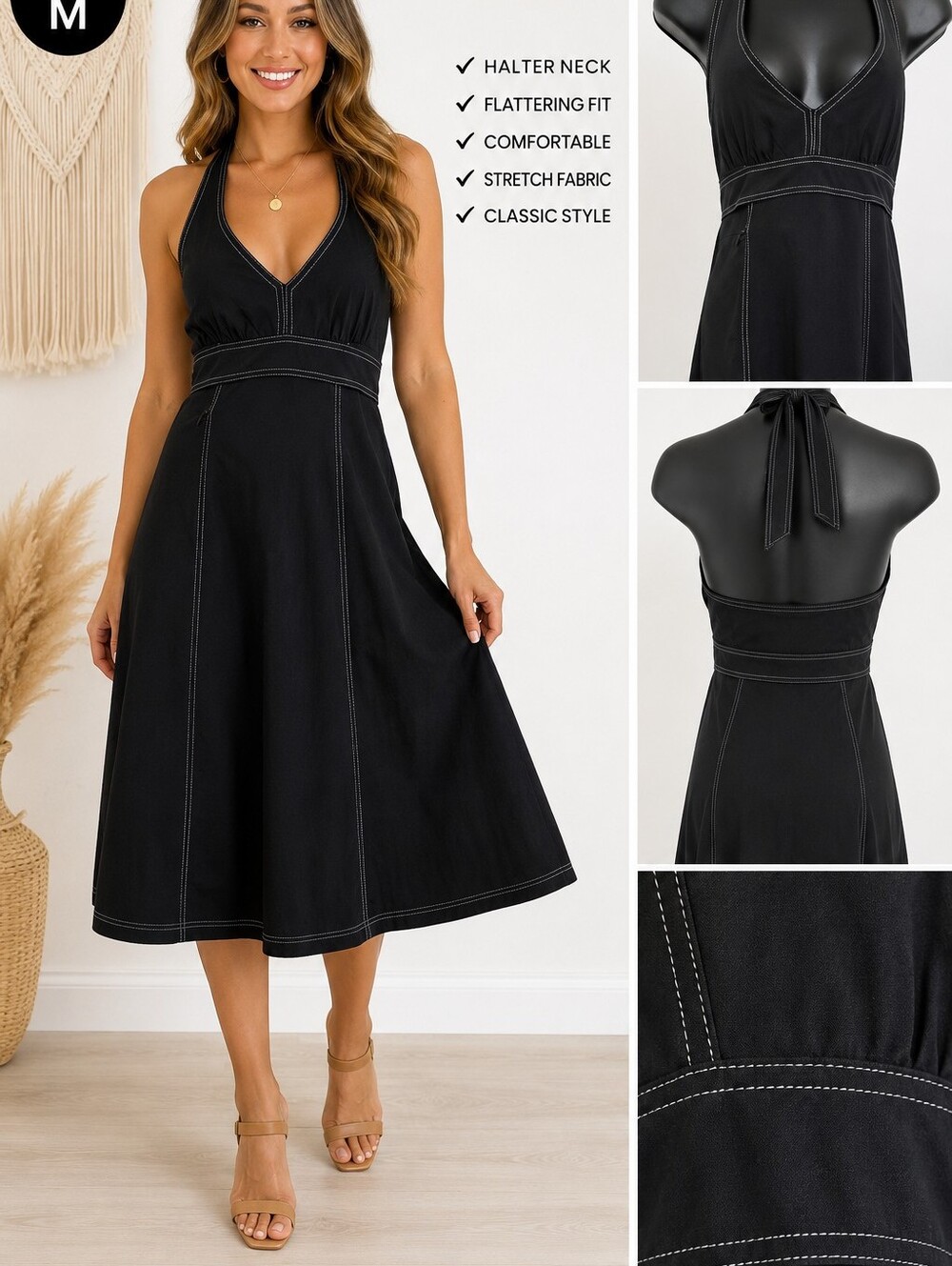 Athleta Black Halter Above the Knee A-Line Dress /Contrast Stitching Size XS